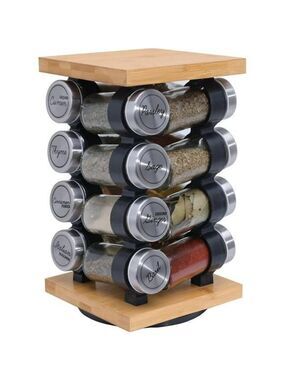 Rotating spice rack with 16 jars pre filled spices countertop organizer carousel
